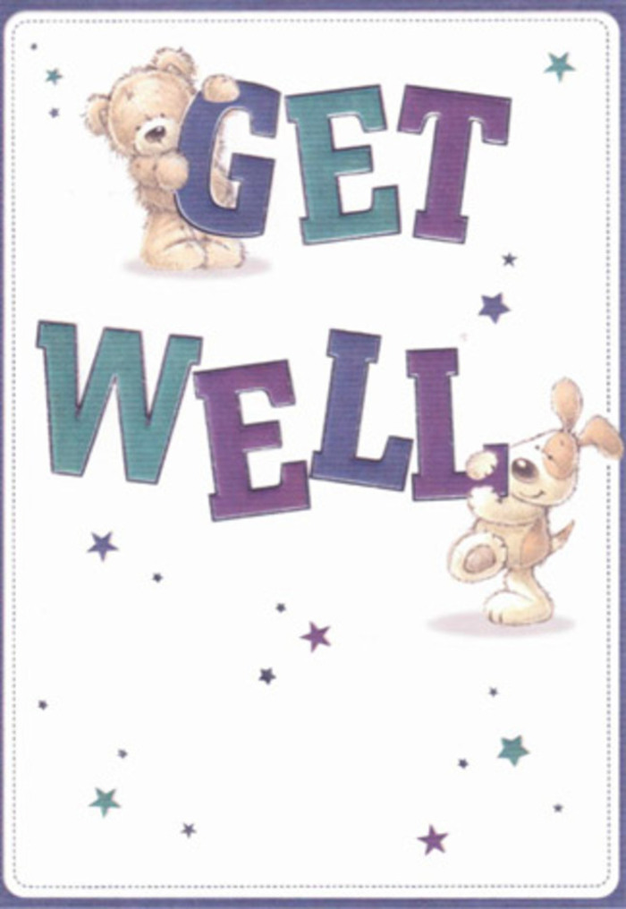 This get well card is a celebration of encouragement, blending the warmth of the Erith community into every whimsical detail. A loveable bear and a bouncy puppy take center stage, set against an airy background that conjures the tranquil open spaces along the Thames Path. The sky is dotted with playful, twinkling stars in purple and blue, scattering good wishes through the tender tableau. The confident, oversized text spells 'Get Well' in vivid purples and aquas, grounding the illustration with cheerful certainty. Each brushstroke conveys the tactile invitation of plush fur and silky puppy ears, mimicking the comforting textures of a custom floral arrangement that might come from Erith Florist. The composition's careful balance and joyful energy evoke the sense of sending a bouquet paired with this card-ready to uplift a friend recuperating in Erith. There's a sense of communality and support; it's easy to imagine this card arriving alongside fresh blooms, becoming a source of encouragement for all ages. Every detail-bright colour, soft light, affectionate characters-forms a gentle reassurance that even simple acts of kindness can lighten a challenging day in Erith.