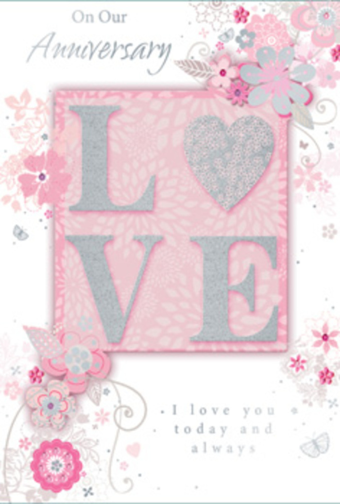 This anniversary card unfolds like a quiet, sunlit room filled with affection, its design built around the single word LOVE displayed in the centre in a softly frosted glitter print. The letters are slightly raised and smooth-edged, catching and diffusing light in a way that makes them appear almost frosty yet warm, as if illuminated by gentle daylight over Erith's residential streets. Surrounding this central motif, the borders of the card are adorned with wispy, hand-drawn blooms and feathery sprays that drift inward from the edges. The flowers themselves are rendered in delicate shades of pink, lilac, and creamy ivory, with fine grey lines defining each petal and leaf. They do not mimic specific flower species exactly, but they call to mind the sort of romantic stems a florist would choose for a hand-tied anniversary bouquet. The arrangement of these illustrated blooms is balanced but not rigid: clusters gather in some corners, while in others the lines stretch out like soft sighs, suggesting the relaxed grace of nature. Threaded among the florals are slender flourishes-filigree curls, dainty leaves and small, near-hidden butterfly forms-that lend a sense of gentle fluttering, reminiscent of a light breeze through Franks Park. Nestled amidst this delicate artwork, the simple yet heartfelt message I love you today and always appears in a graceful, understated typeface. Its placement feels intentional, like a sentiment whispered rather than shouted. The entire card reads as though it has been crafted by an experienced florist's hand, translating the mood of a fresh bouquet into paper: quietly fragrant in spirit, rich with sentiment, and perfectly suited to an anniversary shared in the calm of an Erith home.