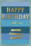 In this image, a stylish blue and gold birthday card stands as though placed beside a fresh vase of flowers on a table in an Erith home, its design both serene and quietly joyful. The card's background features generous horizontal stripes of blue, arranged from deeper, more saturated tones at the base to progressively lighter, breezier hues towards the top. The effect is reminiscent of layered skies over the Thames, soothing and gently expansive. Centered prominently across these bands, the greeting HAPPY BIRTHDAY is embossed in large, uppercase gold letters. The metallic finish catches small glints of light, creating soft highlights along each stroke of the lettering and adding a subtle sense of luxury. Just below the main text, an elegant gold flourish curves and sweeps gracefully across the card, echoing traditional ornamental motifs. Under this flourish, three slim golden banners are lined up neatly, their surfaces slightly raised. Each banner carries part of a warm, easygoing sentiment: Relax, have a great day and enjoy! A narrow gold line runs around the perimeter of the card, framing the composition and tying all the elements together. The contrast between the matte blues and shimmering gold details suggests a high-quality card stock with carefully applied embossing. The overall impression is that of a composed, heartfelt birthday greeting-perfect to accompany same-day flower delivery across Erith, offering not only congratulations but an invitation to slow down, savour the moment, and enjoy a special day in calm, comforting surroundings.